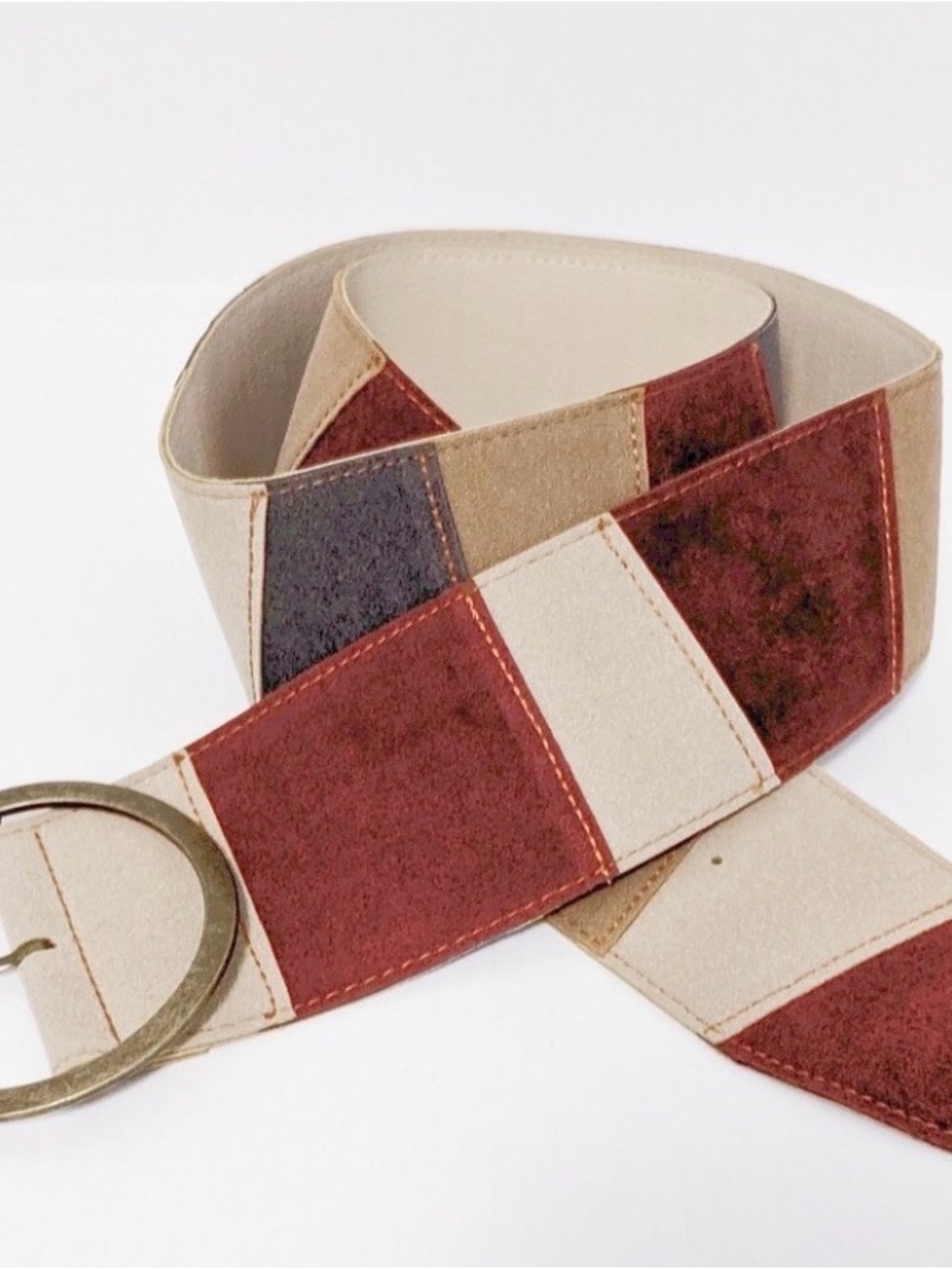 Patchwork Suede Waist Belt in Burgundy, Brown, and Beige
